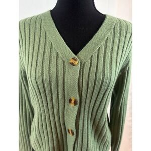 Moss Green Ribbed Knit Button Up‎ Cardigan Sweater Cropped Length Size Large